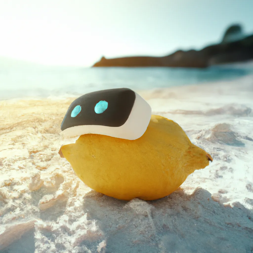 Prompt: a kawaii lemon plushie wearing a VR headset lying on a hyperrealistic beach