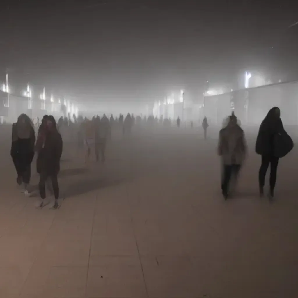 Prompt: liminal space mall with people in the fog at night