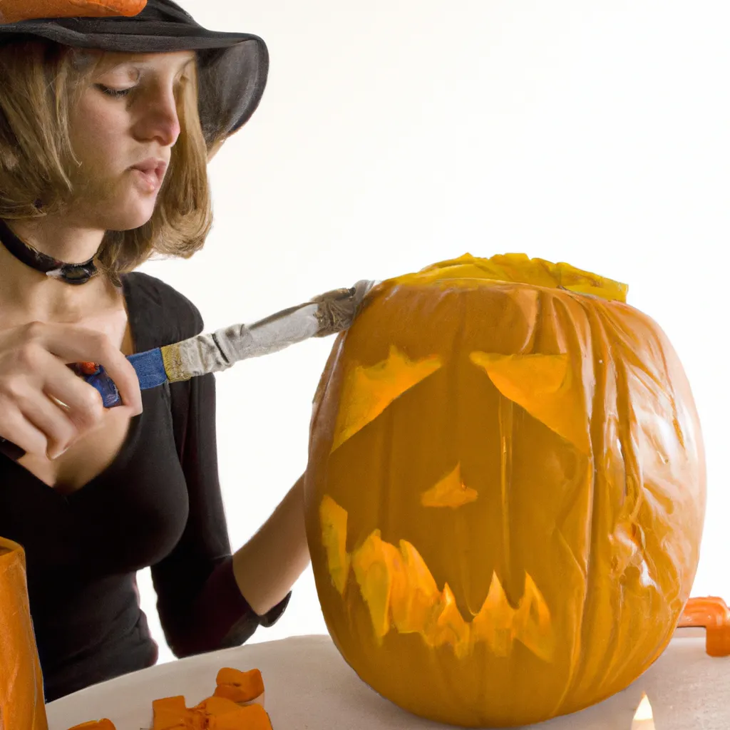 Prompt: A photo of a witch carving a pumpkin