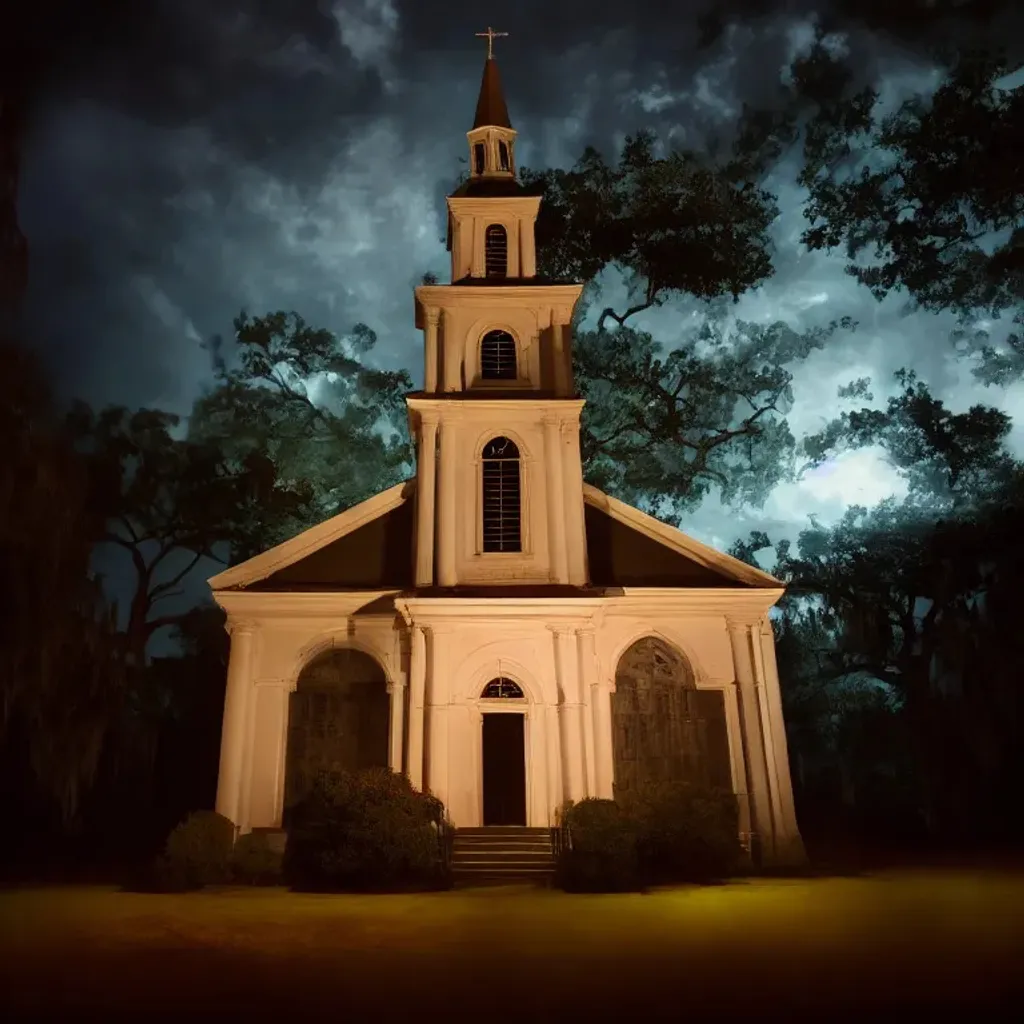 Prompt: flash photograph of old chapel at night, southern gothic aesthetic, spanish moss trees in background, concept art, mid angle, highly detailed, cold vintage lighting, volumetric, godrays, vivid, trending on artstation, by Daren Bader
