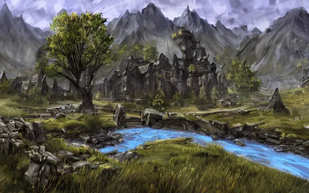 Prompt: landscape, video games, elder scrolls, skyrim, whiterun, morrowind, blades, swords, fantasy, dragons, mountains, fields, trees, retro, tall trees, river, water, color blue, color green, ariel view, blue sky, bright blue, bright green, battle, warriors, mages, wizards, witches, orcs, trolls, fantasy city in the distance, day time, bright, 80s dark fantasy film, 80s dark medieval film, 80s fantasy film, 80s medieval film, fantasy village, fantasy castle, fantasy stronghold