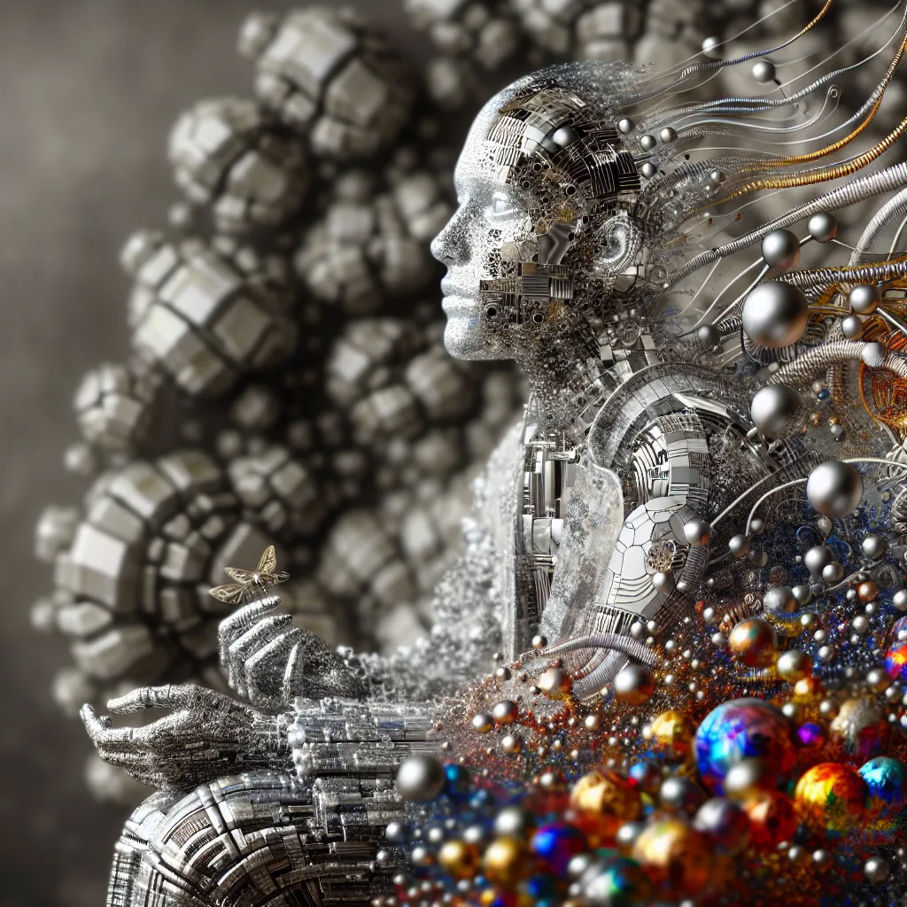 Prompt: a glamoreus sitting woman is futuristically transformed into a multicolored-plated structure covered in wires. The eyes are shown in photo-realistic detail.  It is surrounded by silver and gold detailed small shapes against an abstract background that depicts grey tones as dripping paint