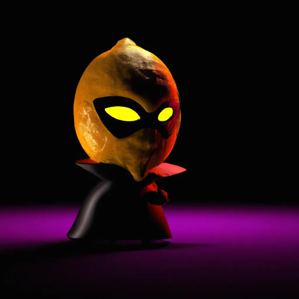 Prompt: Villain lemon with a mask and costume, 3d render, dramatic lighting, horror, creepy, purple, orange