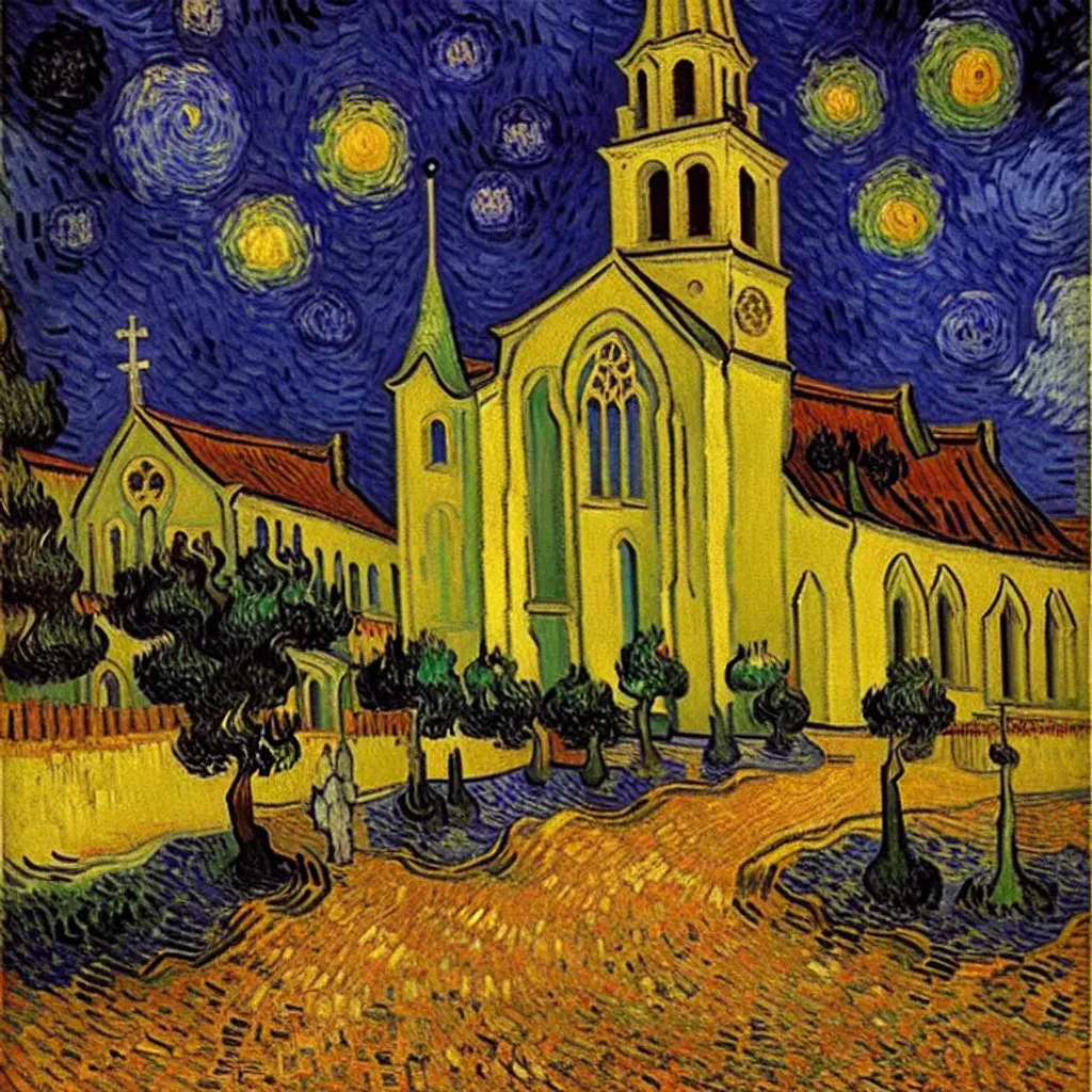 Prompt: van gogh baroque church snow sunset