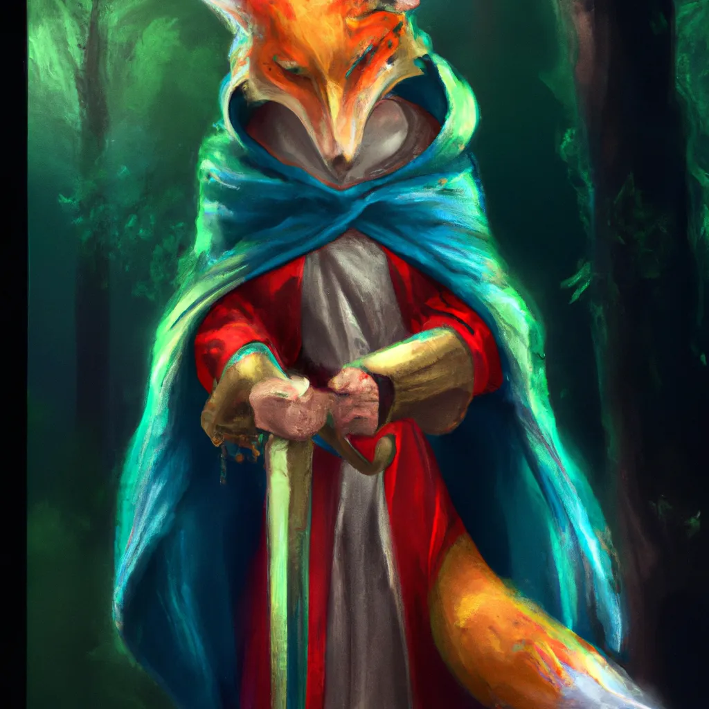 Prompt: fox wearing a green mantel and a red dress, long blue mantel with a wooden luminous  stick in his hand, he has a determinate face, magic forest in the background, intricate, fantasy, concept of zelda, elegant, highly detailed, digital painting, artstation, concept art, smooth, sharp focus, illustration
