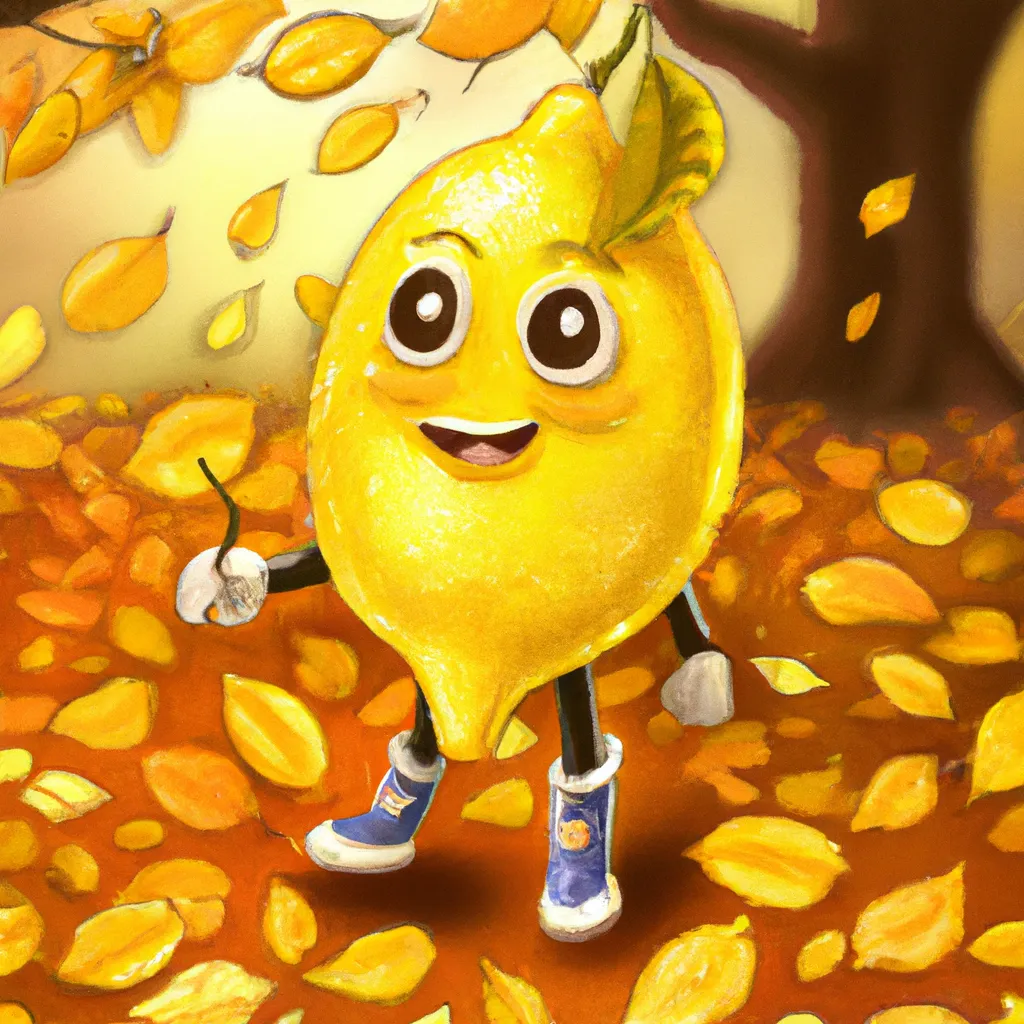 Prompt: A cute lemon character playing in the fall leaves wearing a coat, cute, pixar, higly detailed