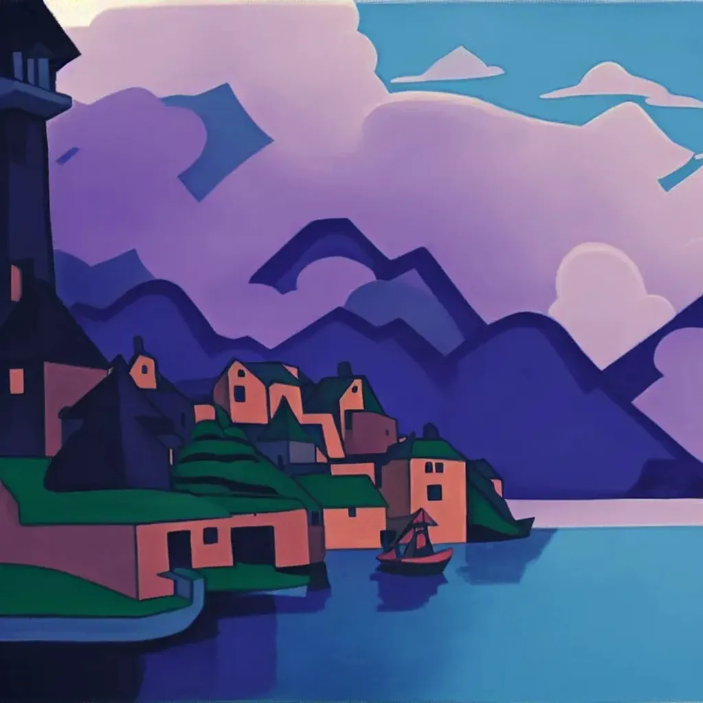 Prompt: a painting of a small village next to a body of water, inspired by Nicholas Roerich, Artstation, paint tool sai!! blue, fortunato depero painting style, wind waker, big tech art style, calarts, sitting on a wooden dock