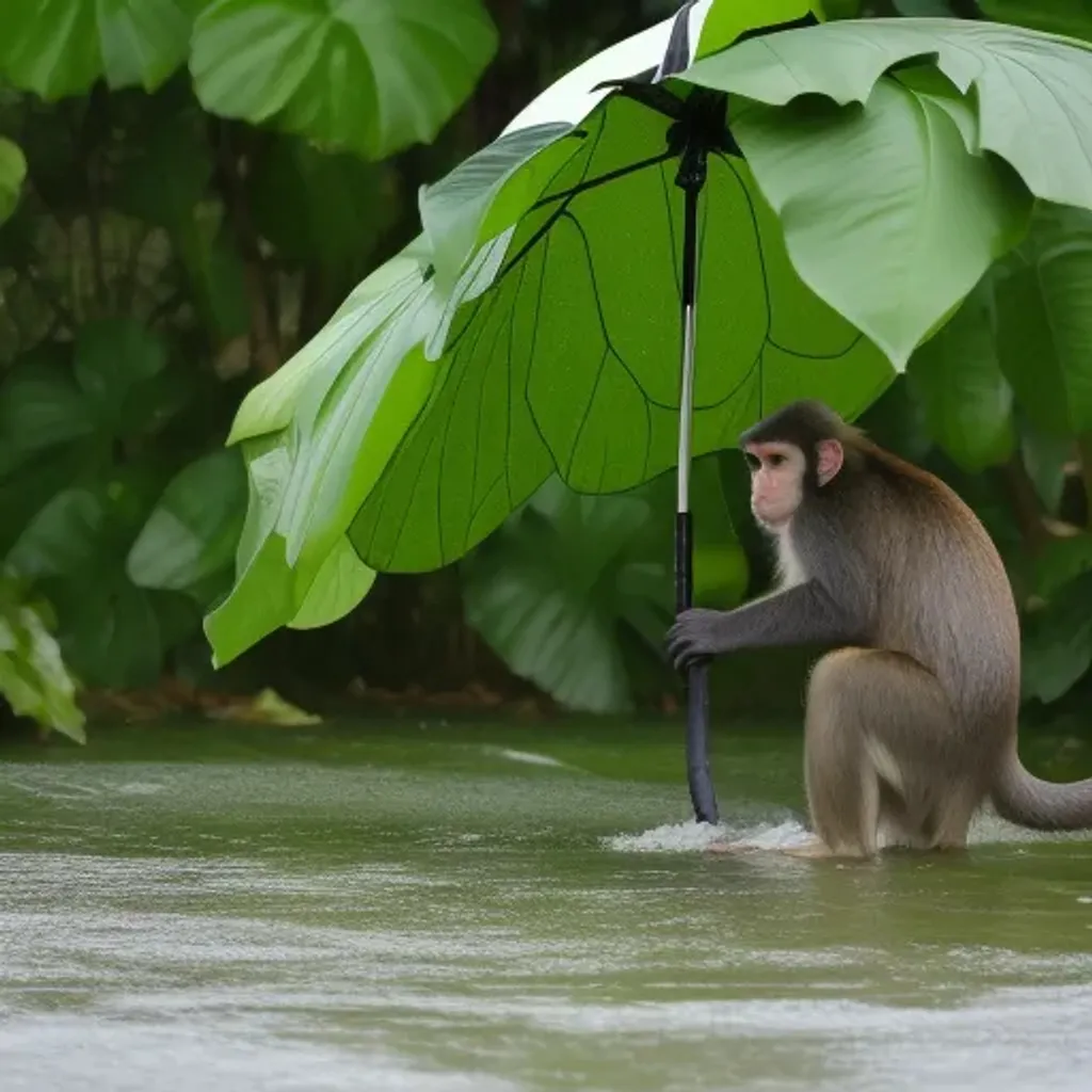 Prompt: monkey using a giant leaf as a umbrella during heavy rainfall 