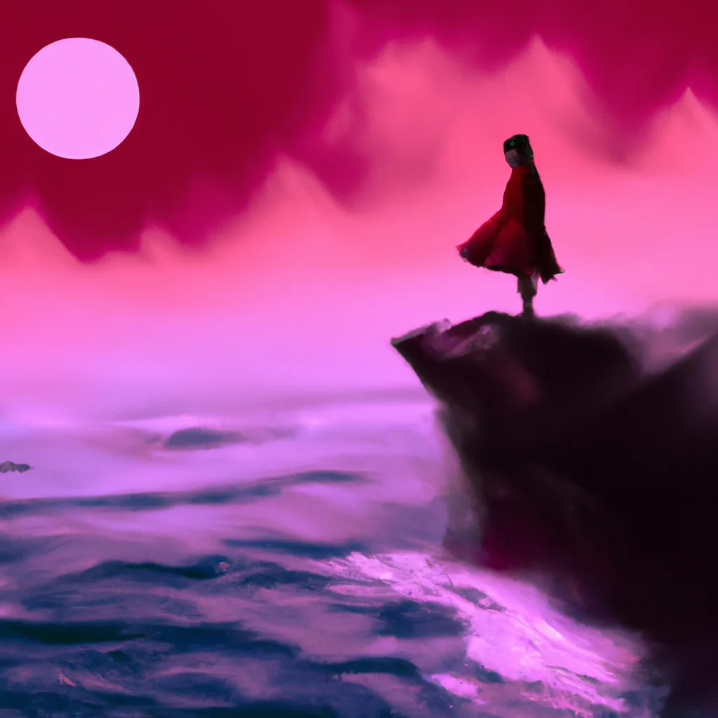 Prompt: A girl standing on a cliff high above the ocean, the ocean water is red, the moon is in the background, digital art