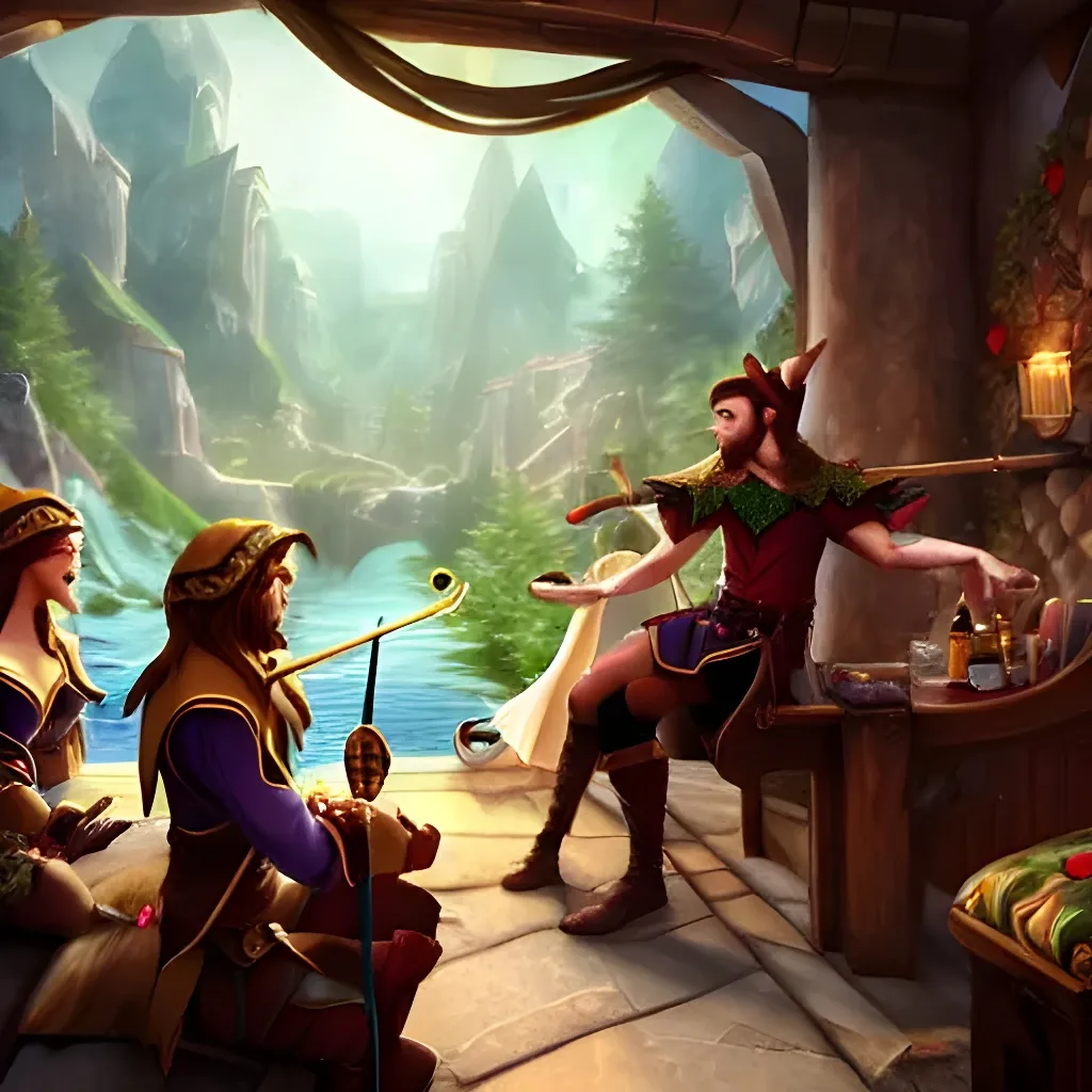 Prompt: splash art of absurdly handsome bard serenading an absurdly beautiful elf in a fantasy inn with an active audience in the foreground in the style of artgerm, rutkowski, unreal engine, full of colour, cinematic lighting, trending on artstation, 4 k, hyperrealistic, focused, extreme details, unreal engine 5, cinematic, masterpiece