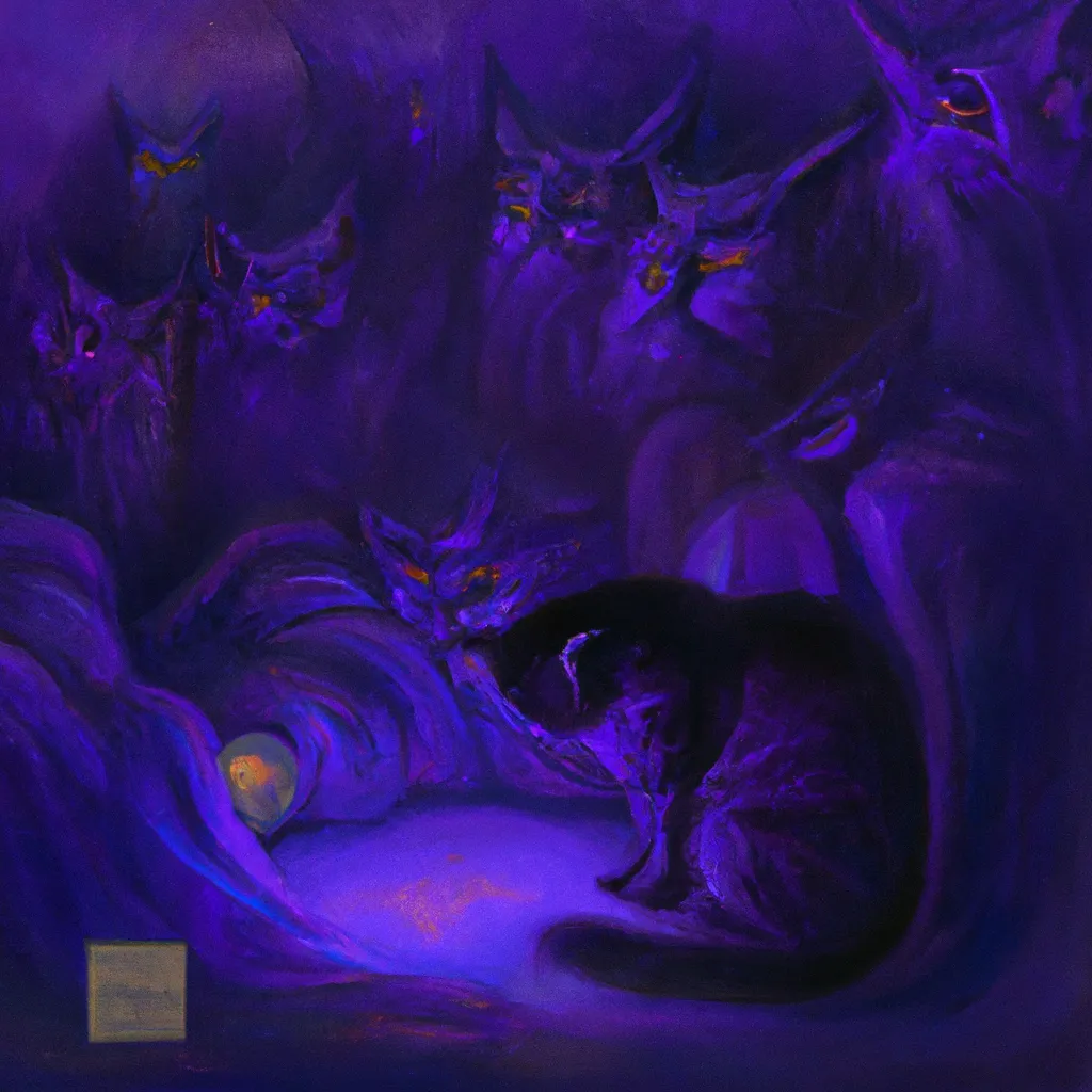 Prompt: The nightmare artist Zdzisław Beksiński has a purple dream plagued by gargantuan cats