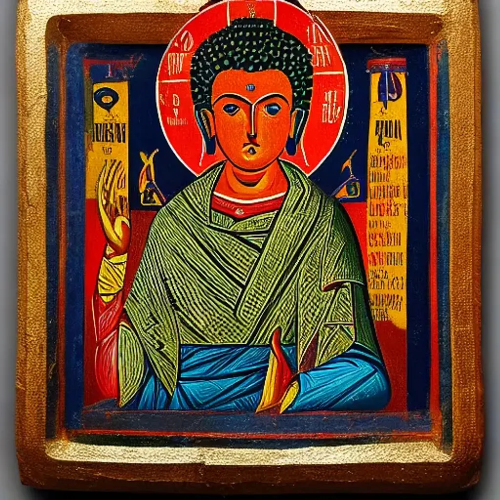 Prompt: Byzantine icon of a Gandhara Buddha, historical art, high quality, highly deatailed, 4k, 8k, vivid colors, trending on Artstation