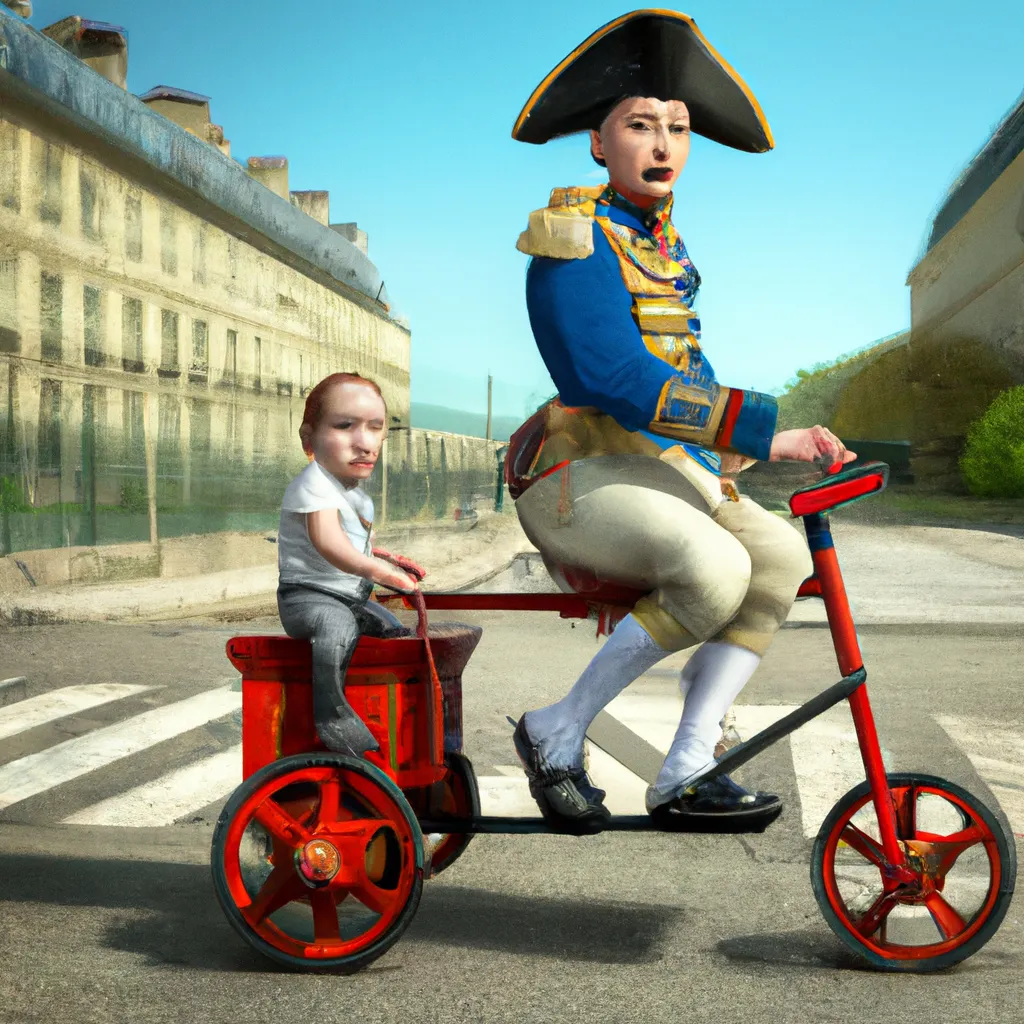 Prompt: Adult Napoleon Bonaparte riding a giant, toddler's tricycle, outside, crossing the street, realistic, hyperrealistic, photorealistic, cinematic