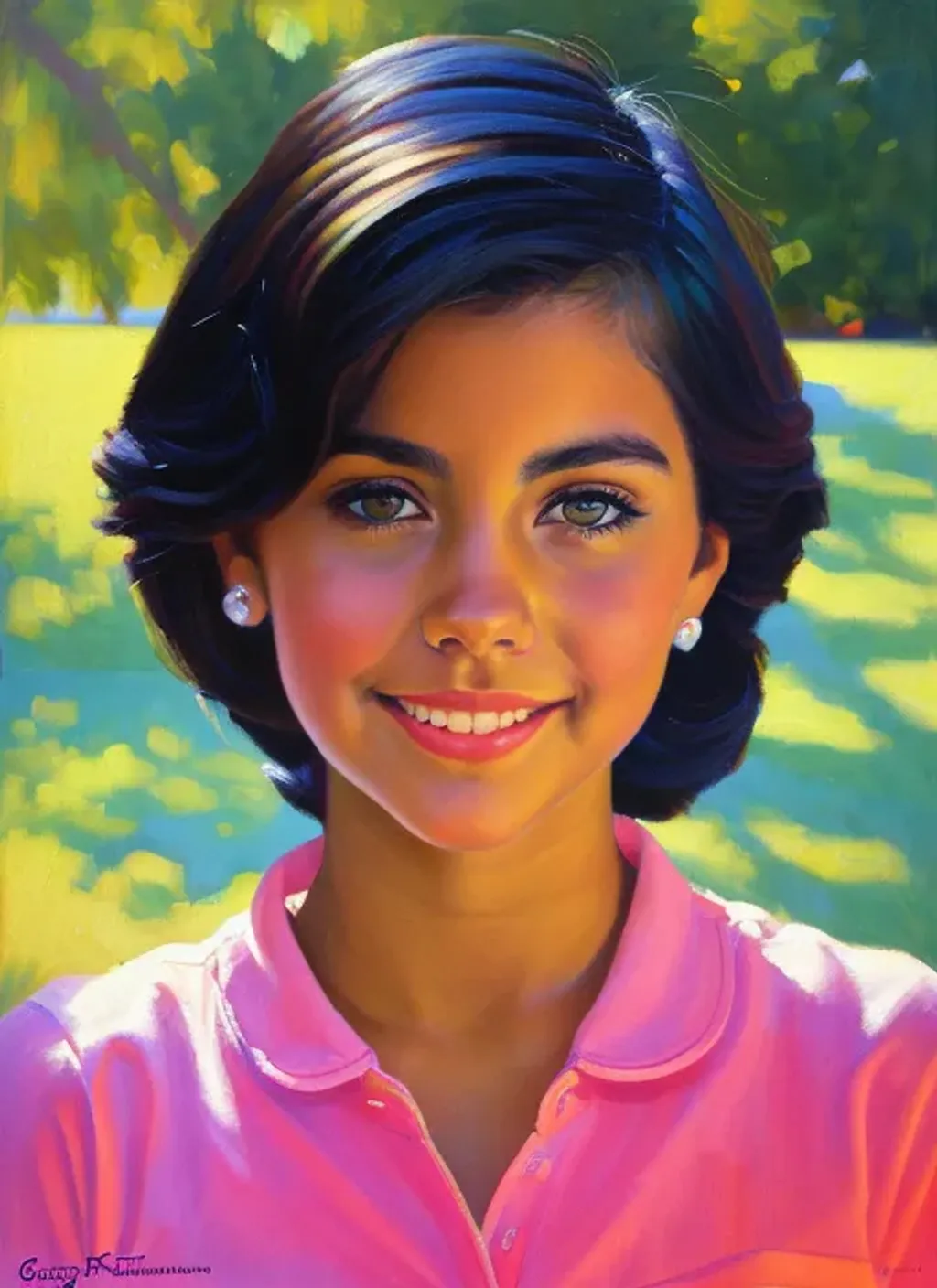 Prompt: Facial portrait of a pretty cute teen girl, hispanic, tan olive skin, black hair, short hair, hazel eyes, sunny weather, shirt, 80s, vivid colors, looking at the camera, extremely detailed painting by Greg Rutkowski and by Henry Justice Ford and by Steve Henderson