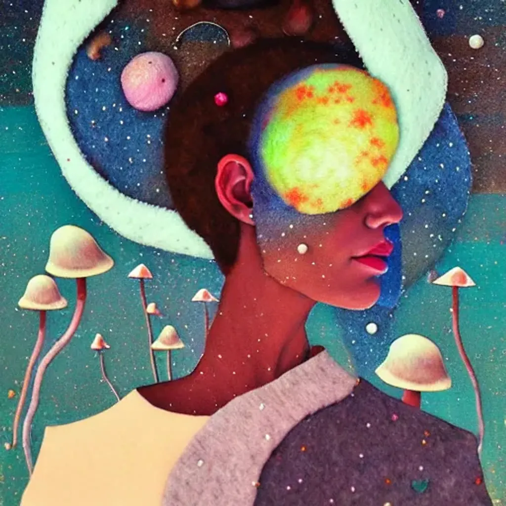 Prompt: Felt fabric portrait by Ryan Hewett, Beautiful woman with dark brown skin, mushrooms growing out of her hair, hq, fungi, celestial, portrait, victo ngai, moon mushrooms, galaxy, moon, stars 