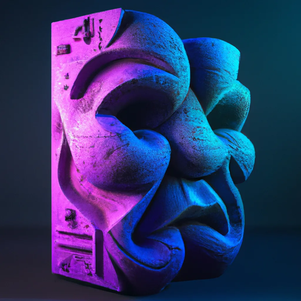 Prompt: Math shaped sculpture, professional photography, octane render, rough texture, digital art, cyan and magenta, frontal view, profile picture