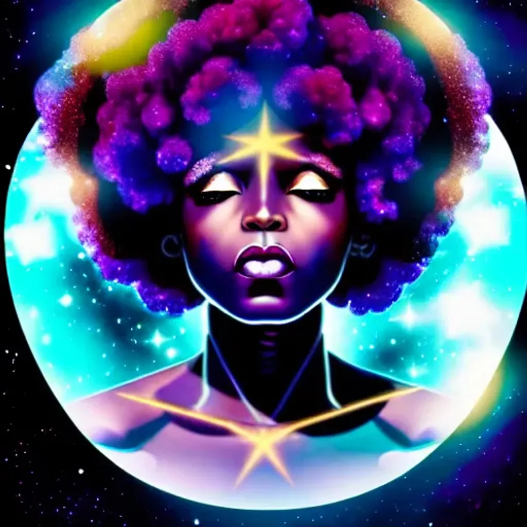 Prompt: A galaxy with golden stars and a purple sky, the moon glows and emits blue rays, Saturn goddess with a black woman’s face, anime open eyes, Afro coily and curly hair, surreal art, 8k Afro futuristic ,cinematic, powerful deity peaceful feel, 50mm lens, arri alexa