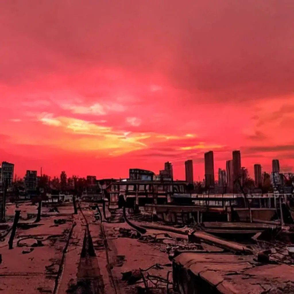 Prompt: A beautiful sunset in a Post-Apocalyptic City, with shades of red pink and orange