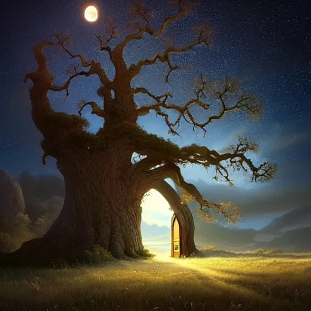 Prompt: an oak tree with a magical door, majestic, giant, night-time, night sky with stars, digital art, art by Jessica Rossier, art by Stephan Martiniere, art by Caspar David Friedrich, Trending on ArtStation
