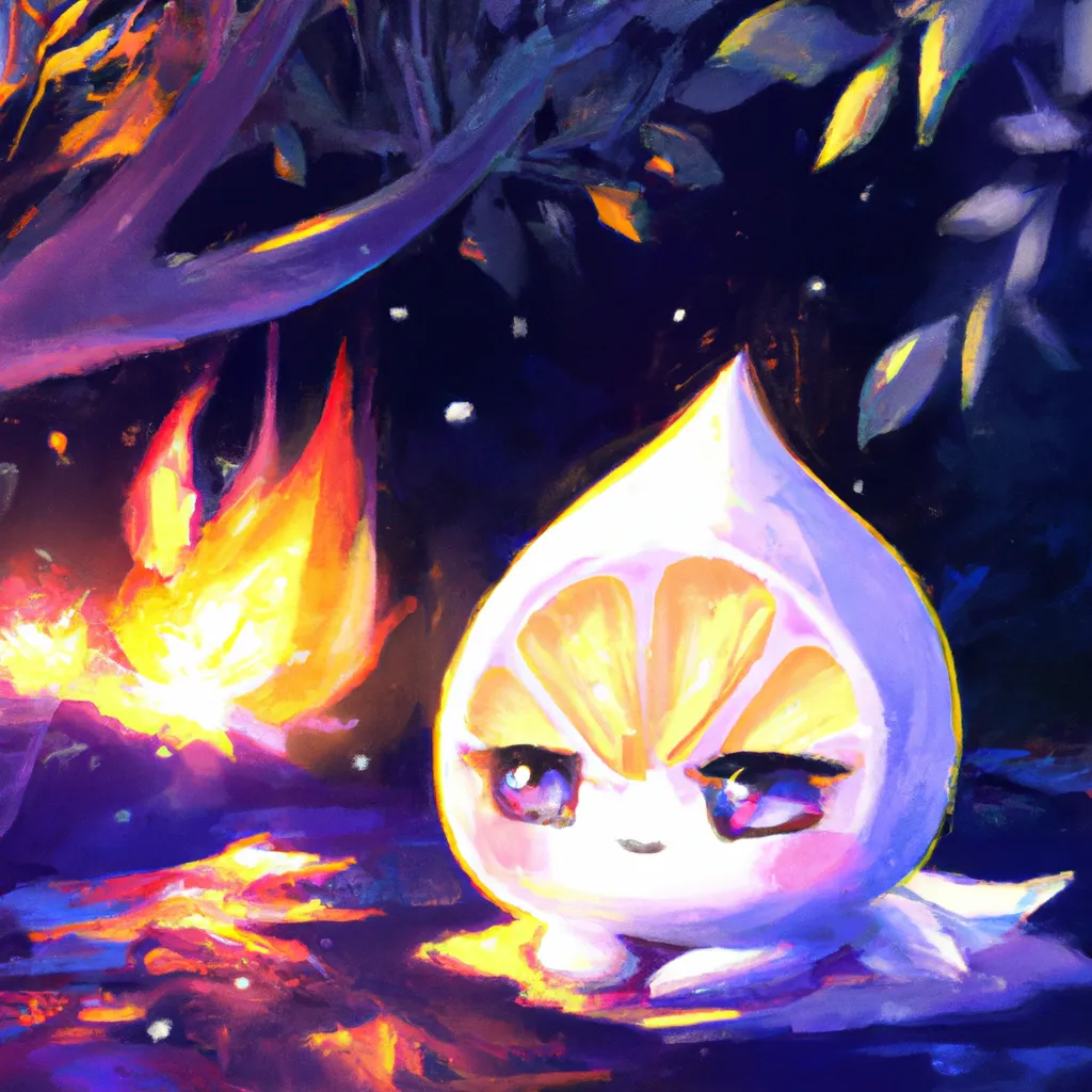 Prompt: Key Disney Visual of an enthusiastic  cute anime lemon critter sleeping by a fire , background is a forest, green and dark blue colour palette; Digital art, trending on artstation, Photorealistic Illustration, anime key visual, cinematic, Ultra Detailed , trending on pixiv, kawaii eyes