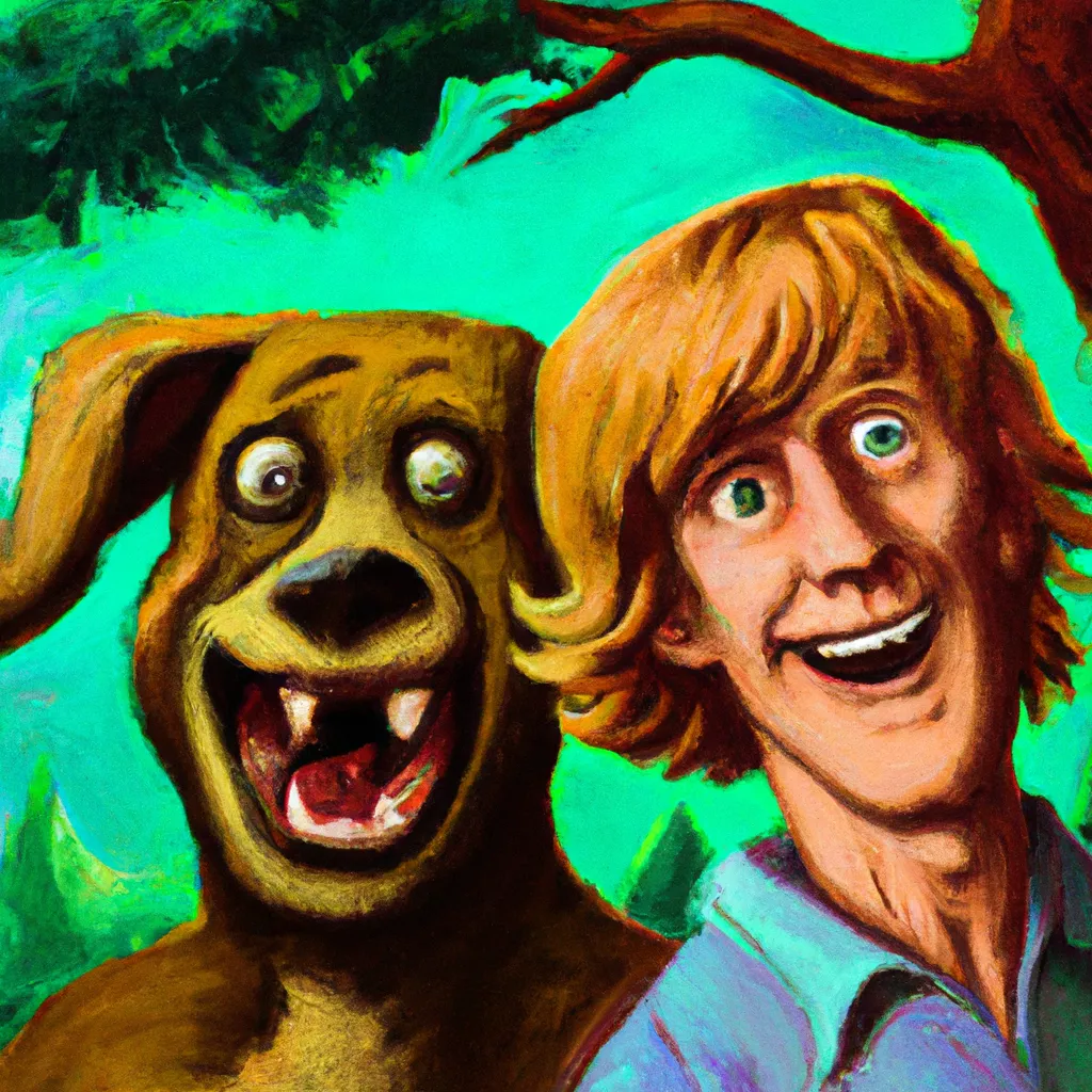 Prompt: Shaggy and Scooby Doo Horror Oil Painting