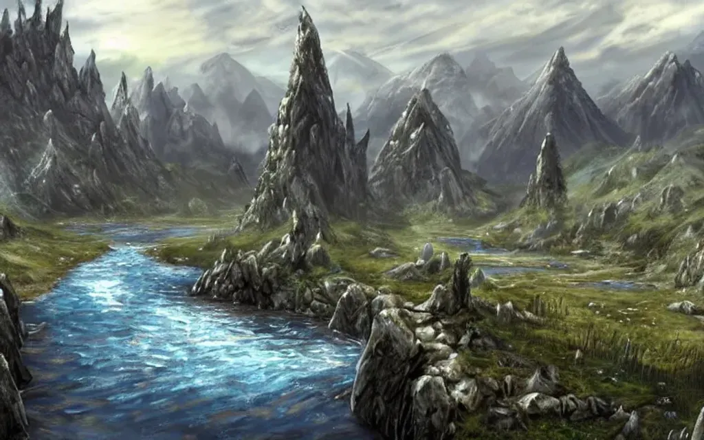 Prompt: landscape, video games, elder scrolls, skyrim, whiterun, morrowind, blades, swords, fantasy, dragons, mountains, fields, trees, retro, tall trees, river, water, color blue, color green, ariel view, blue sky, bright blue, bright green, battle, warriors, mages, wizards, witches, orcs, trolls, fantasy city in the distance, day time, bright, 80s dark fantasy film