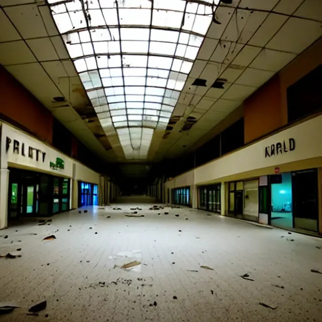 Prompt: liminal empty abandoned mall at night, abandoned stores, messy floor with garbage, dark halls