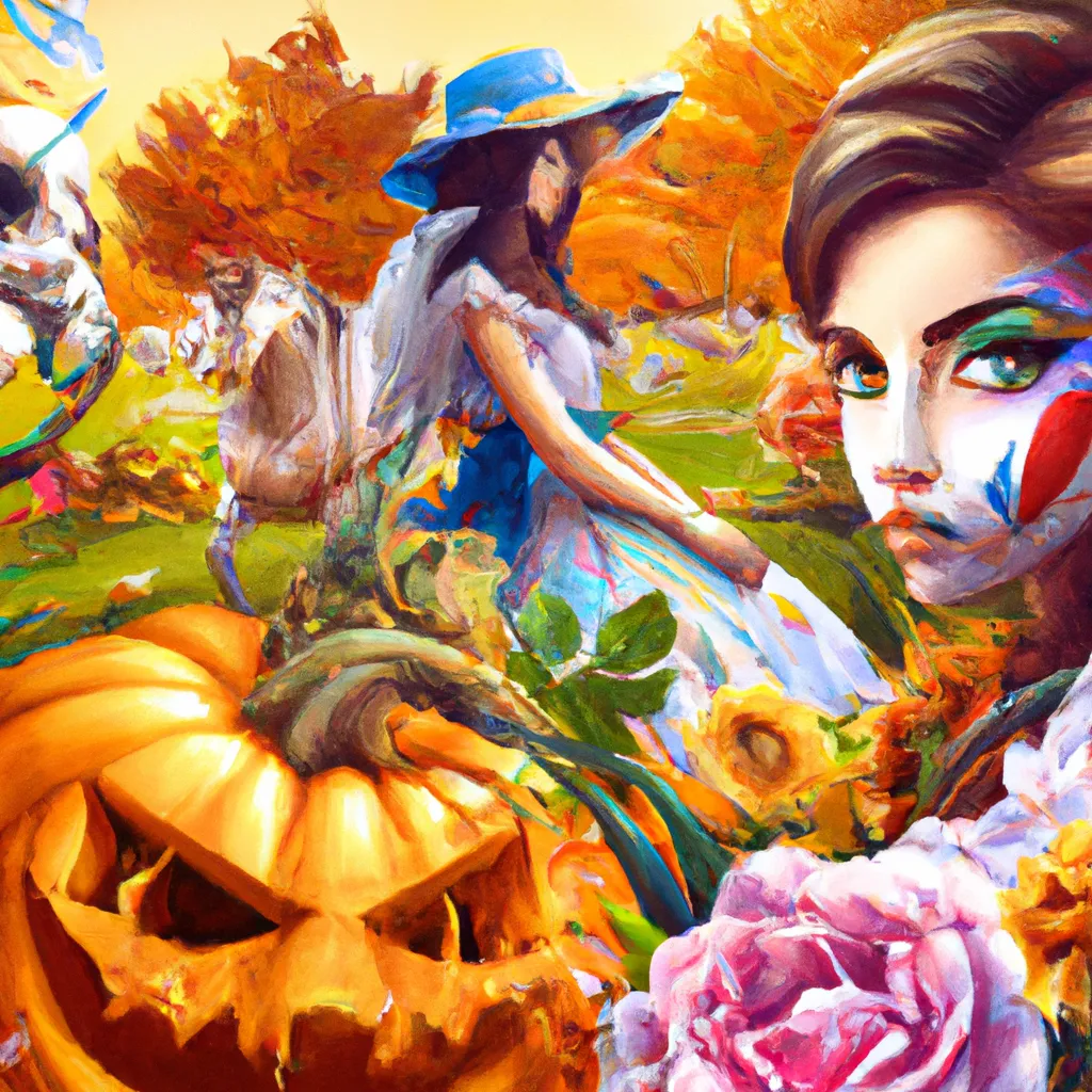 Prompt: Detailed hyper realistic sharp digital airbrush by Anna Dittmann, preston blair, Tom Bagshaw, eyvind earle, tim Burton, Gil Elvgren. Portrait of Autumn landscape with A Scary Haunted Horror spooky ghost woman. Desire love ghosts friendship blessings femininity strength healing ecology stars pumpkins lillies magic steampunk  robot