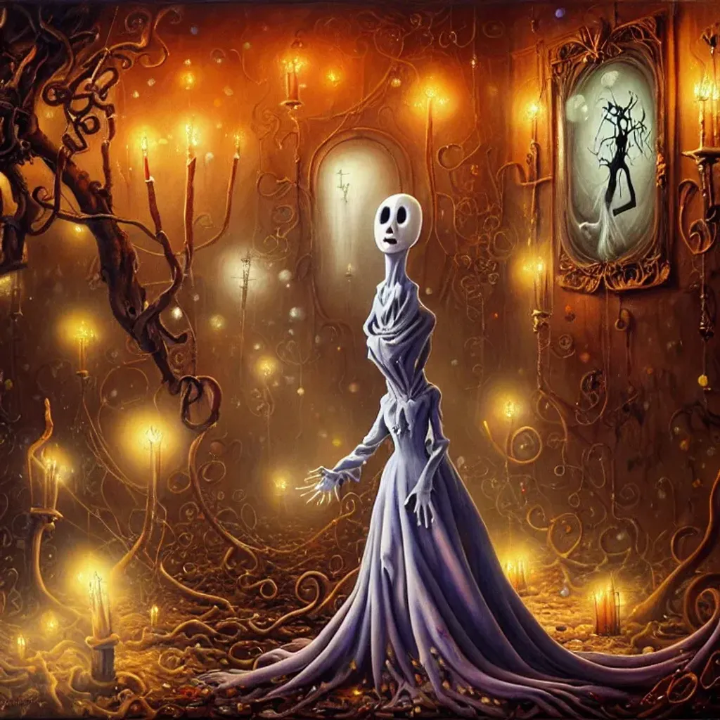 Prompt: An expressive surrealism oil painting of a ghost in a fancy costume lost in a maze. 
spooky, foggy atmosphere. Scary. Haunted. Bokeh. Concept art. Highly detailed, expressive surrealistic oilpainting, colorful, digital art, digital airbrush, 8K.  Clear Detailed sharp Cartoon anime manga cover by Anna Dittmann, tim Burton, Gil Elvgren, Tom Bagshaw, Elsa Beskow, Hayao Miyazaki.