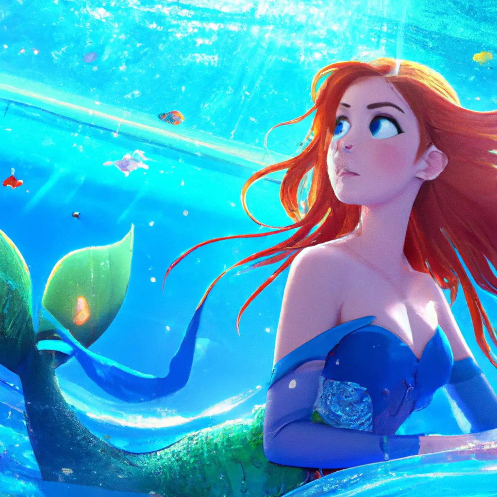 Prompt: Key Disney Visual Of icy blue water, with a cute and adorable anime mermaid with long scarlet red hair swimming ,  jean - baptiste monge, dramatic lighting, 8k, portrait, realistic, fine details, photorealism, cinematic, intricate details, cinematic lighting, photo realistic 8k,  Ghibli Studio and Ufotable and Kyoto Animation and A-1 Pictures and Kadokawa and Aniplex