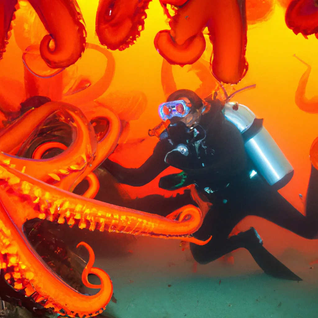 Prompt: A scuba diver programming a computer surrounded by bright orange octopuses