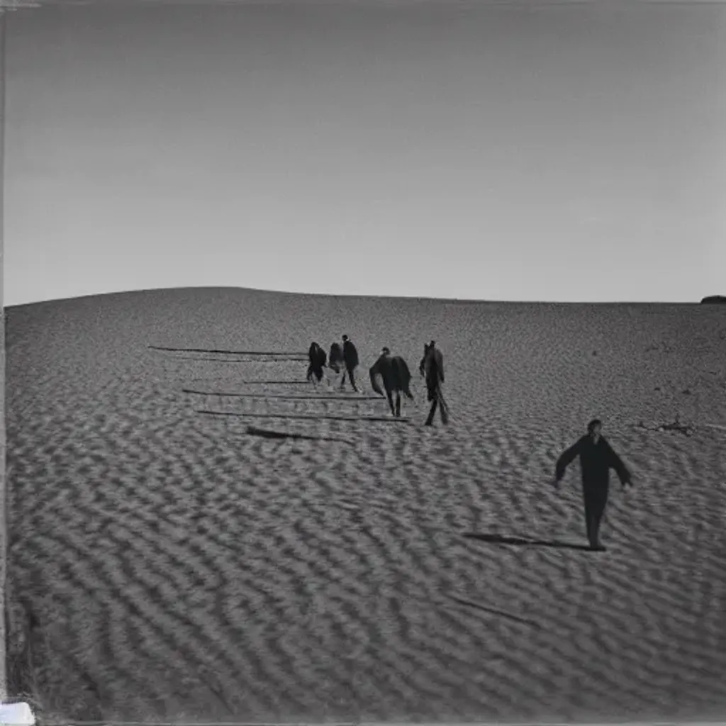 Prompt: Photo of humans walking in a desertic landscape, monochrome photography, highly detailed, crisp quality and light reflections, 35mm lens, Long shot, by Josef Sudek