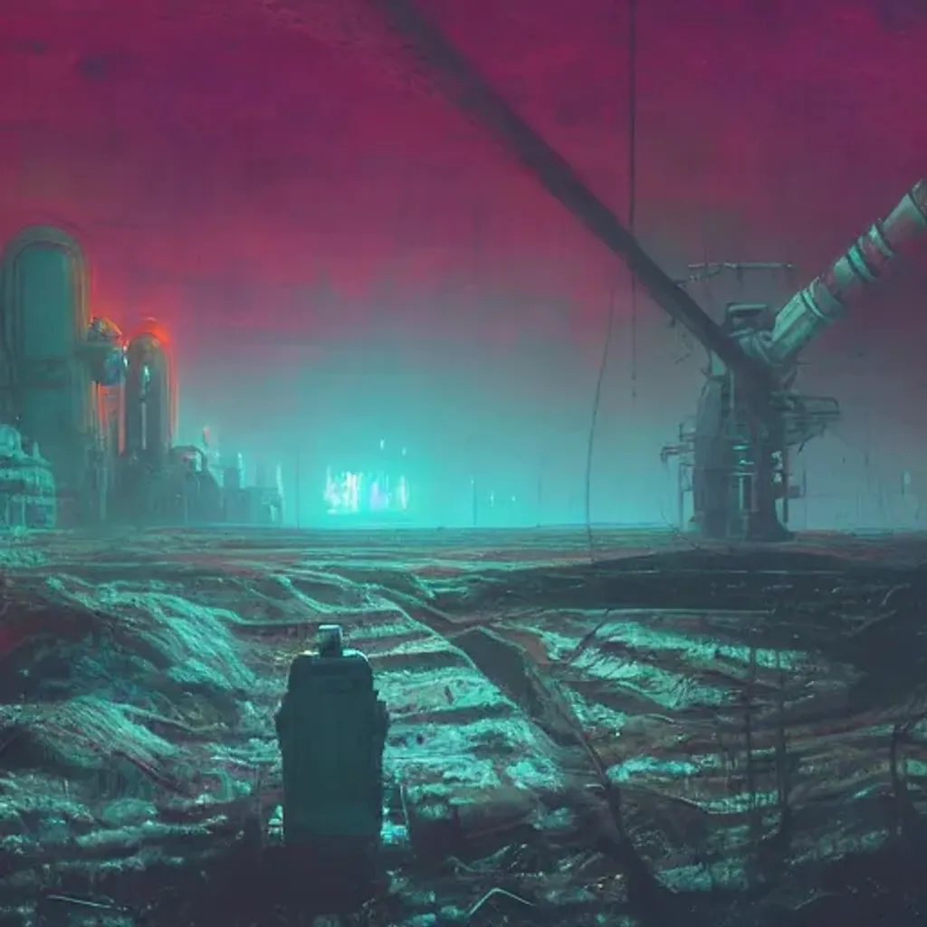 Prompt: otherwordly depressing landscape radioactive desolate wasteland at night,  cinematic, detailed, epic, widescreen, opening, establishing, mattepainting, photorealistic, realistic textures, octane render, art by paul lehr 