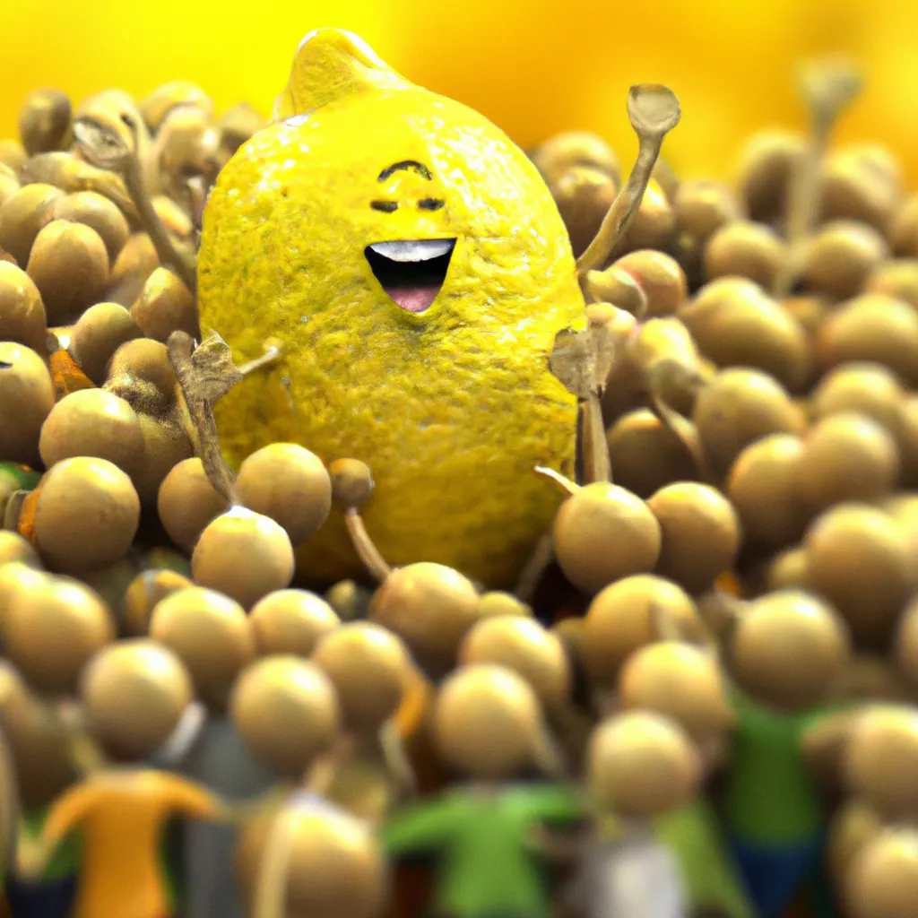 Prompt: 3-D, Photo-Realistic, Laughing Giant Lemon surround by huge crowd of cheering lemon admirers
