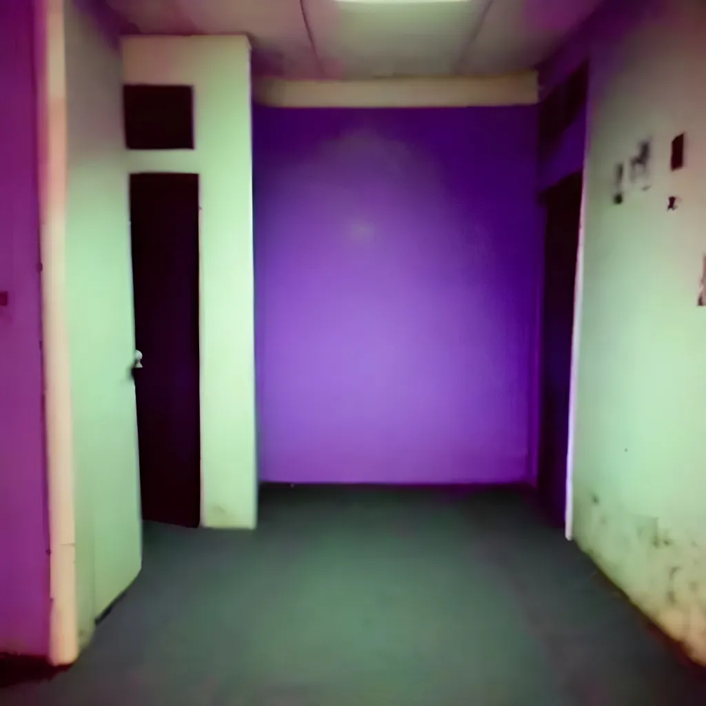 Prompt: a low quality photo of a grimy dimly lit liminal purple room