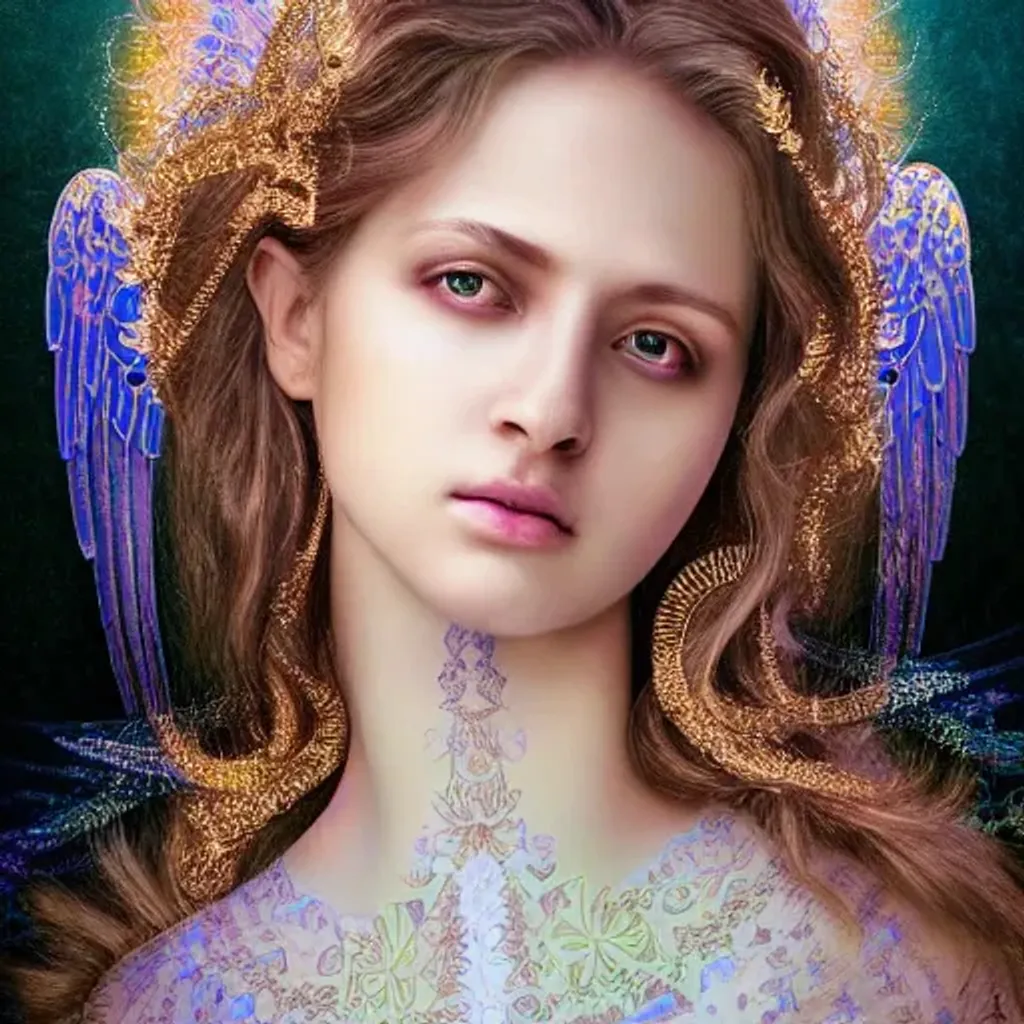 Prompt: beautiful heavenly Angelic Goddess, highly detailed, hyper realistic, with luminescent mandelbrot makeup, detailed beautiful eyes, polarizing filter, natural lighting, vivid colors, everything in sharp focus, HDR, UHD, 64K, trending on artstation, glamour shot, intricate details, highly detailed, face portrait, highly detailed, realistic, cinematic, hyper-realistic, masterpiece, photorealistic,  intricate artwork masterpiece, ominous, matte painting movie poster, golden ratio, intricate, epic, trending on artstation, Gerhard Richter, Anna Dittmann,  Artgerm