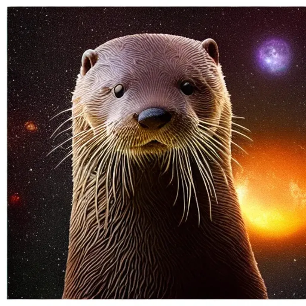 Prompt: beautiful image of an otter on its first day of creation of the world and matter in the dark deep space, light and darkness separated, planets, under a black night sky of astronomical glittering starlight in the outer reaches of the solar system beyond, trending on artstation, octane render, symmetry by raqib shaw, presence of god, eye of god. 