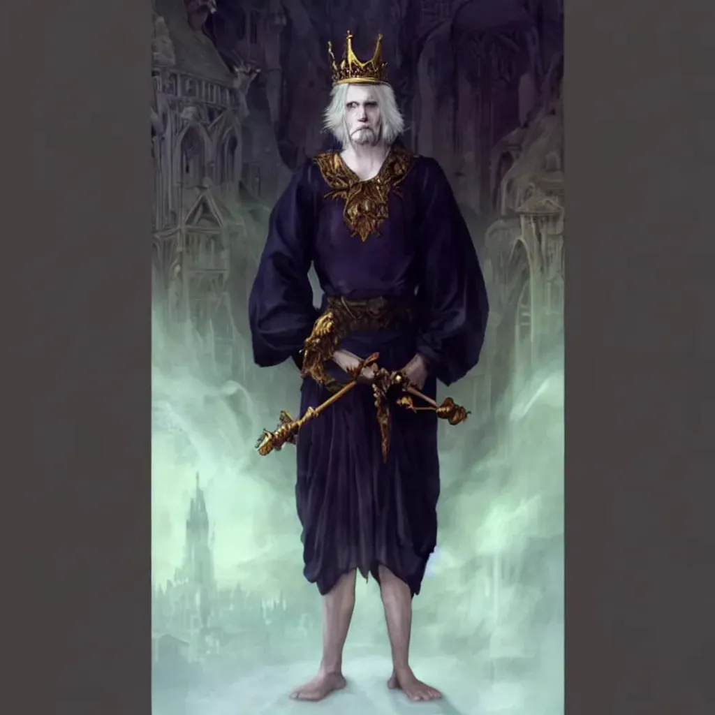 Prompt: a man with a crown standing holding a cane, fantasy man, king, white hair, yellow eyes, strong jawline, pale skin, gold circles, detailed face, dark atmosphere, castle, ruined buildings, attractive, HDRI, masterpiece, smooth, sharp focus, illustration, golden ratio, white robes, jewels, garden, art by Alan Lee Albrecht Durer alphonse mucha klimt