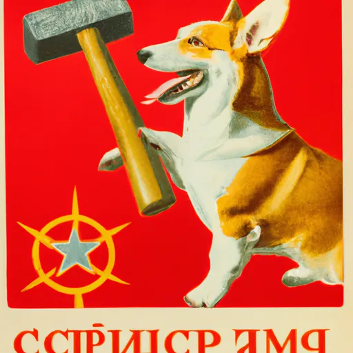 Prompt: Soviet propaganda poster featuring a corgi holding a hammer