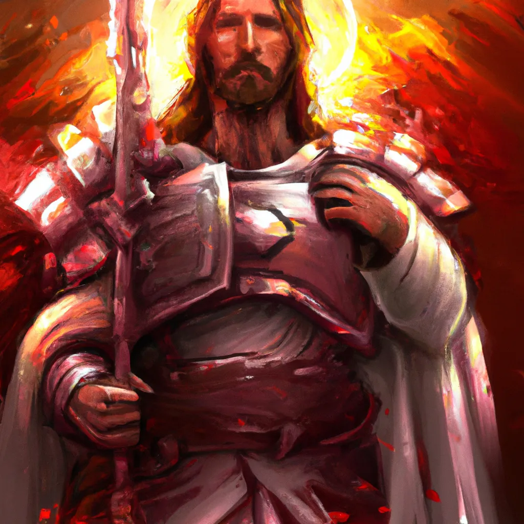 Prompt: Jesus christ wearing battle armor,digital art,8k, high quality