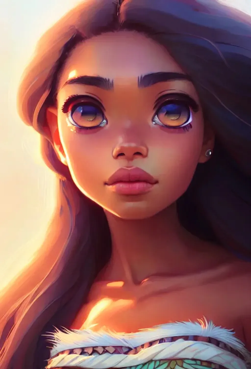 Prompt: Closeup face portrait of a Moana healer, smooth soft skin, big dreamy eyes, beautiful intricate colored hair, symmetrical, anime wide eyes, soft lighting, detailed face, by makoto shinkai, stanley artgerm lau, wlop, rossdraws, concept art, digital painting, looking into camera