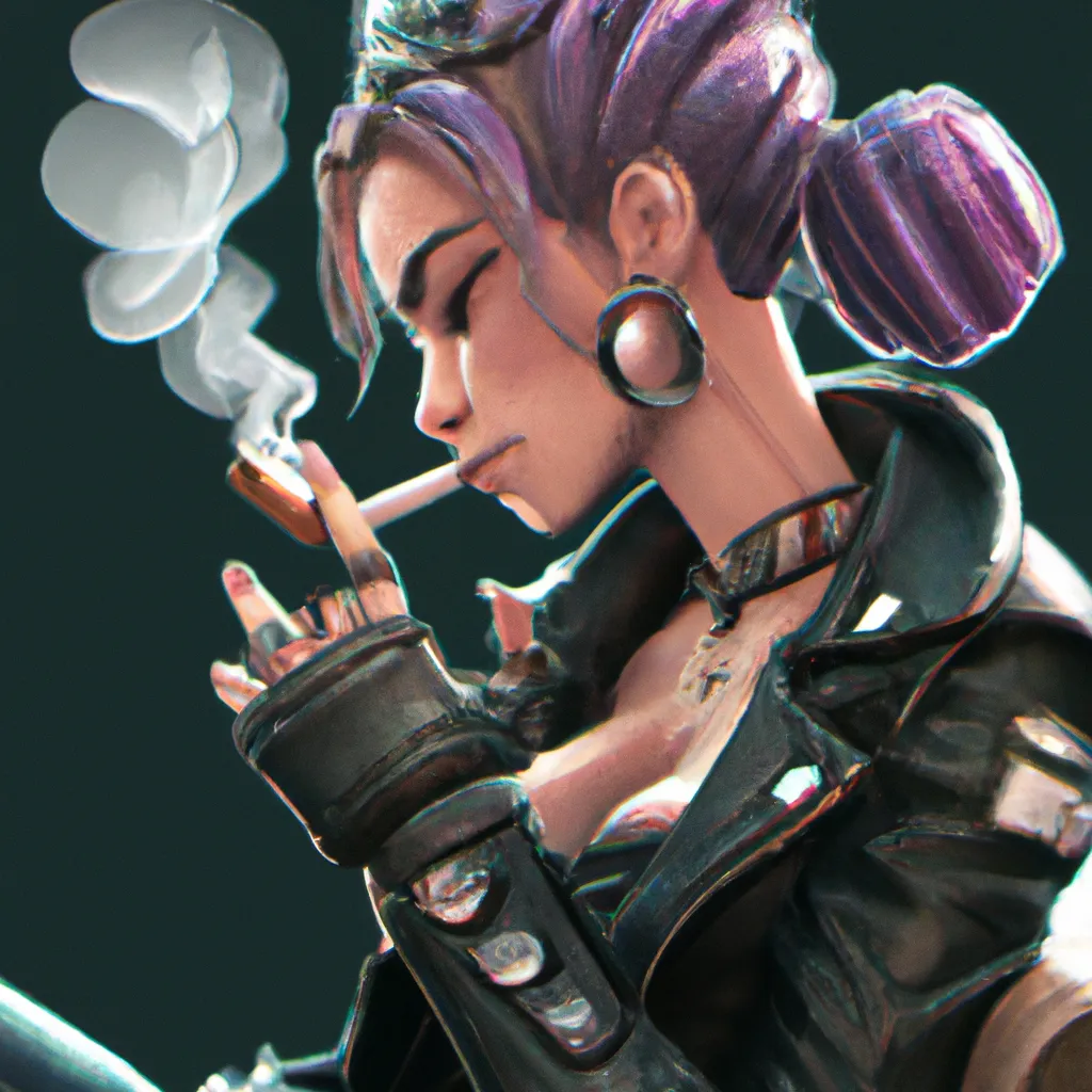 Prompt: Jinx from league of legends wearing a leather jacket. she's smoking a cigar, trending on artstation, pixiv, digital art