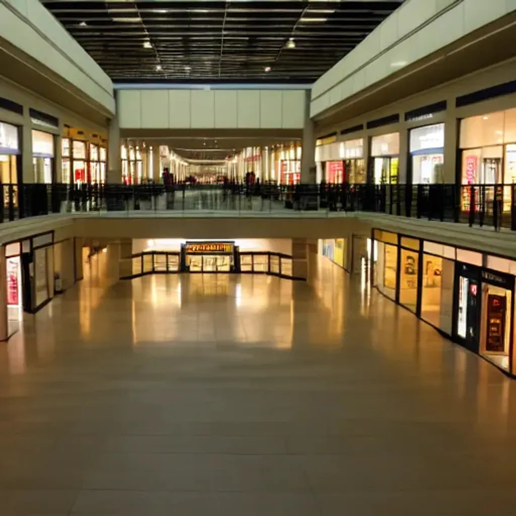 Prompt: liminal empty modern mall at night, with creepy people