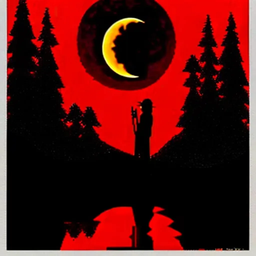 Prompt: Foreground is a pooling waterfall of red liquid blood, standing centered on top of the red liquid waterfall is a silhouette of male horned vampire looking out across towards the viewer, background is a spiraled bloodmoon casting glowing golden red light down across the top of a forest flat landscape
