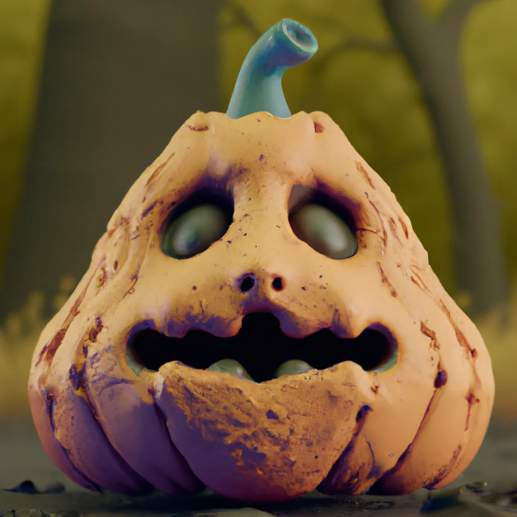 Prompt: cute 3D render of a pumpkin head in a clay style, frontal view, spooky forest background, substance 3d painted, blender, smooth texture, high resolution, trending on behance.net, by Carlos Behrens