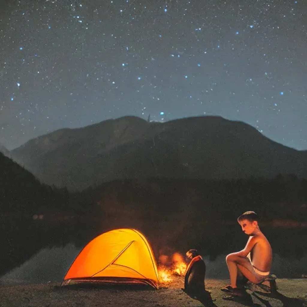 Prompt: A minimalist-style image of a boy with his big cat camping near a lake in the mountains. The boy and his cat, fish while a fire burns next to their tent.