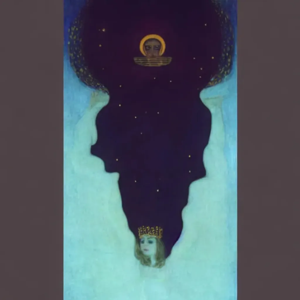 Prompt: queen of ligth, the sun, gold, stars, night sky, tarot by klimt, by durero