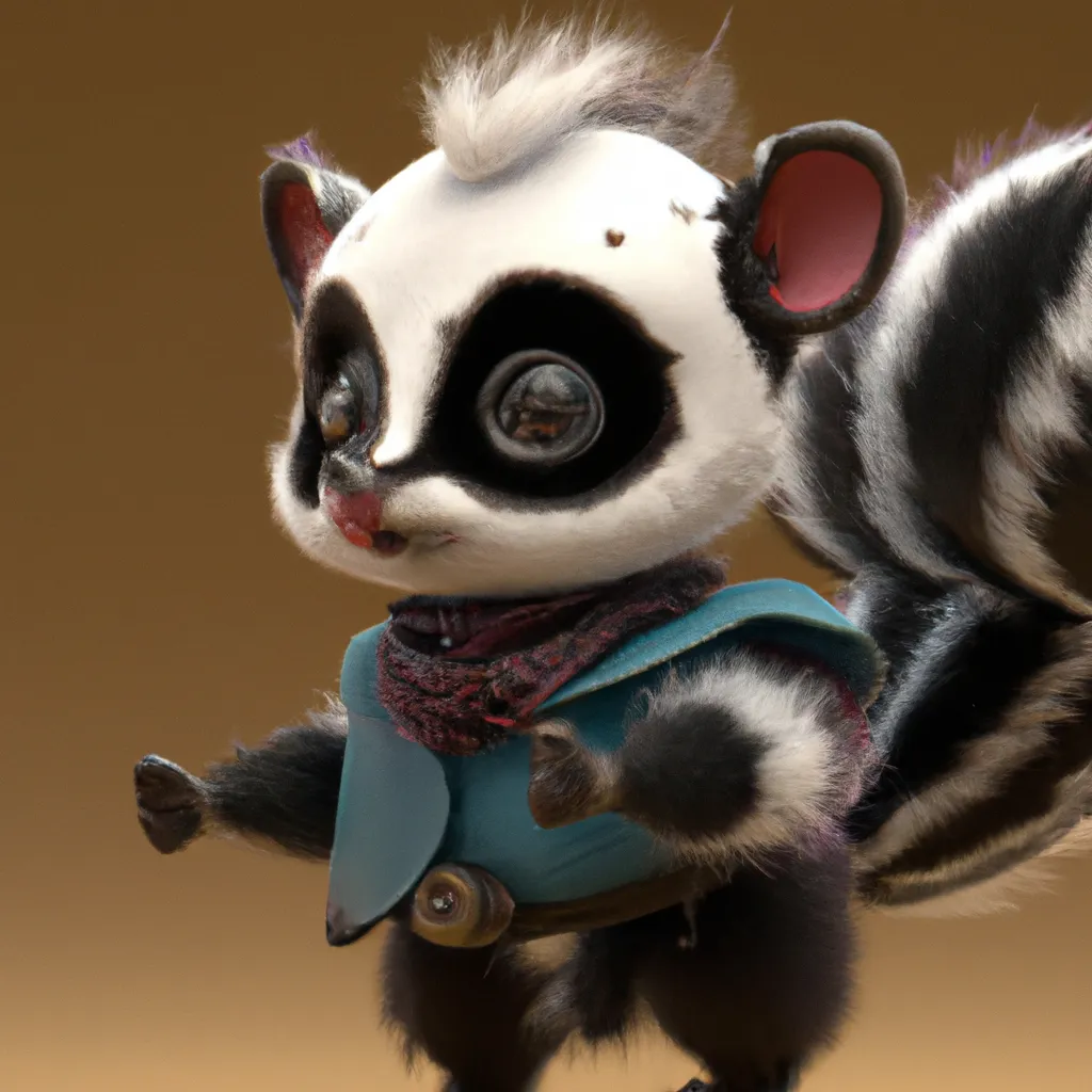 Prompt: High quality, Pixar style, tiny cute and adorable fluffy skunk  dressed in fantasy clothes, fantasy outfit, fantasy dress, small, adorable!, spotted skunk, anthropomorphic ,dnd, adventurer, dramatic lighting, 8k, portrait, cartoon, fine details, 3d render, cinematic ,intricate details, cinematic lighting, character design, character concept, cute, mascot,  adventure, dungeons and dragons, 8k, fluffy!, tsaoshin, pixar movie key visual, fantasy, DnD, adorable!, big eyes, animated, disney, anime, animation