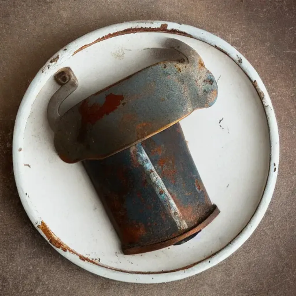 Prompt: Rusted Old Cow Bell on a white Plate.