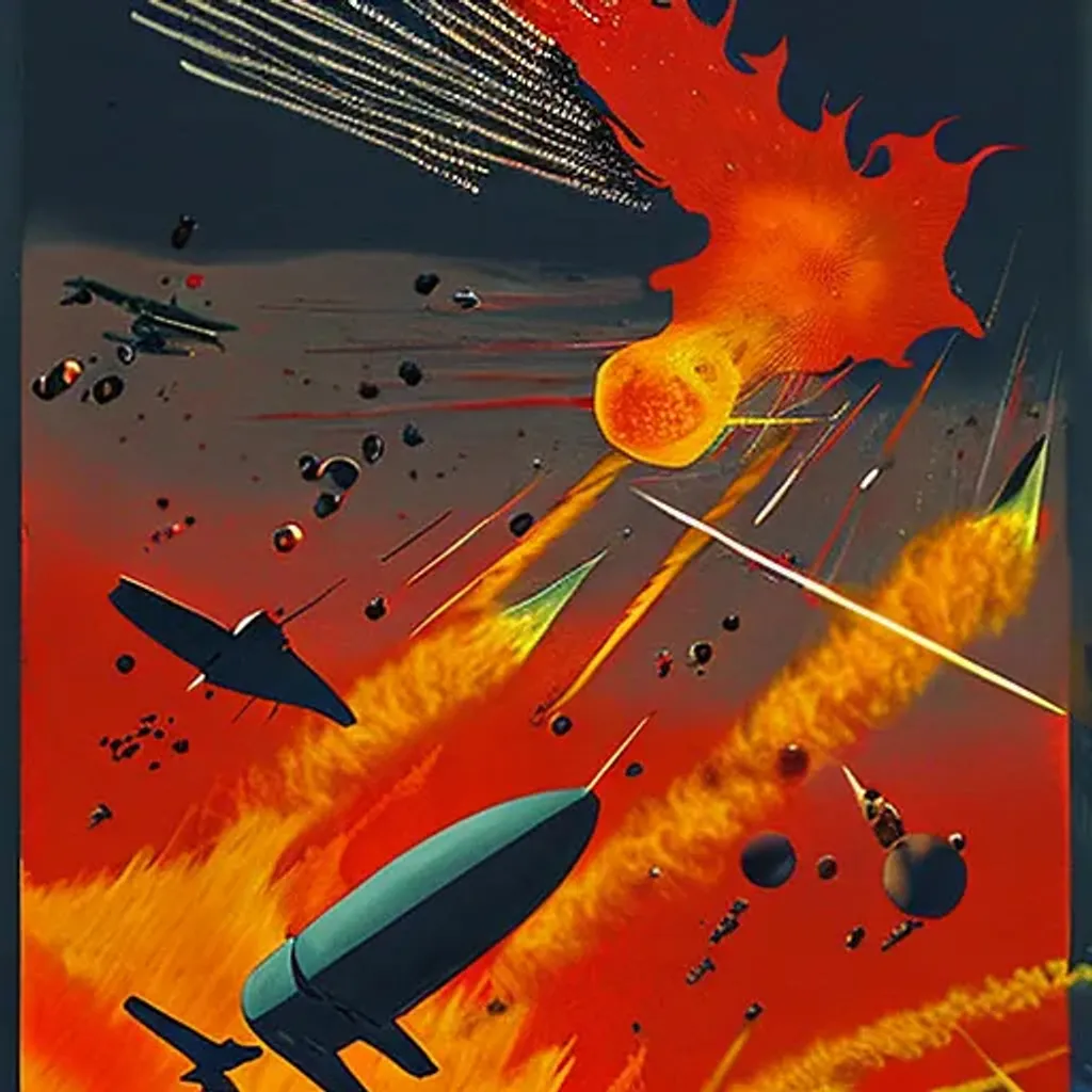 Prompt: a close look from bombs (included in the art) falling down from the sky, behind them airplane bombers exploding into balls of fire and explosions, the sun resembles heaven and the speed just doesn't stop.